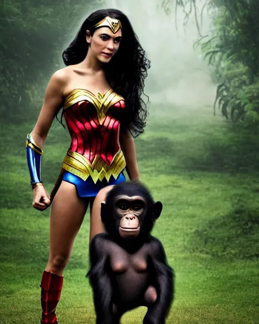 Prompt: Full body photos of a beautiful Chimpanzee dressed as Wonder Woman posing with Gorilla Grodd. Hyperreal, Trending on Artstation photography in the style of Annie Leibovitz