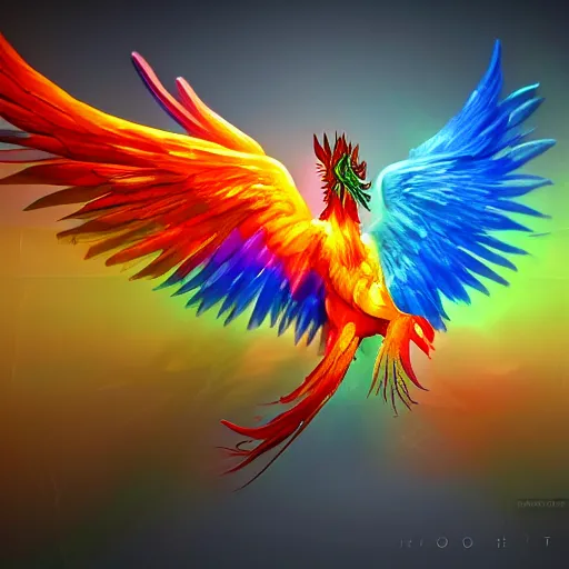 Image similar to a fantasy painting of an abstract rainbow phoenix on a dark background, high contrast, positive energy, unreal engine 5, Houdini render