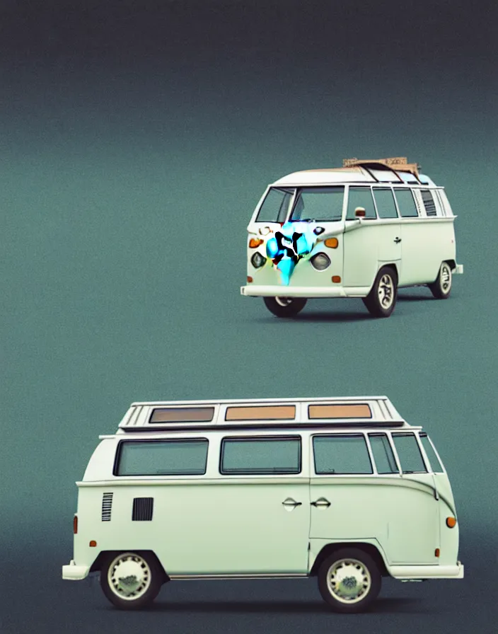 Prompt: front view vw camper touring rural japan, a collage painting, in the style of wes anderson, lola dupre, david hockney, isolated on negative white space background dark monochrome fluorescent spraypaint accents volumetric octane render, not double decker