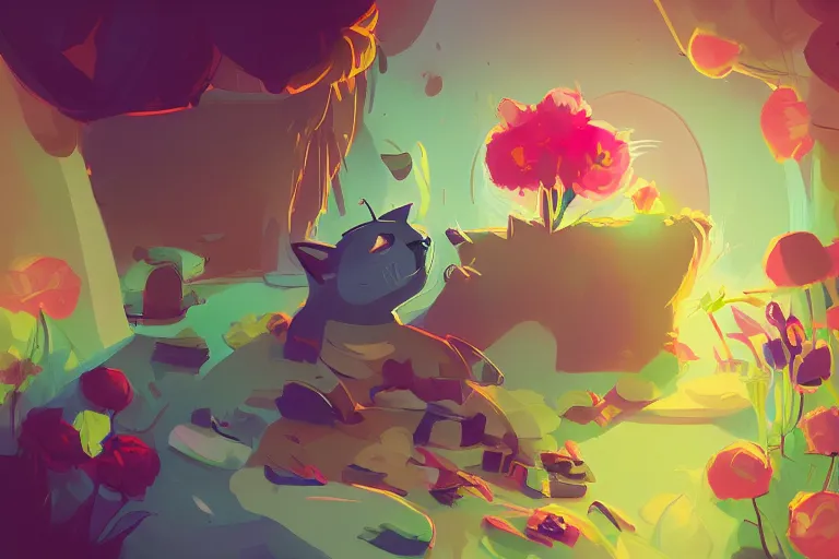 Image similar to a cat is sleeping in the room with flowers around in the afternoon, the sun shines in, by anton fadeev