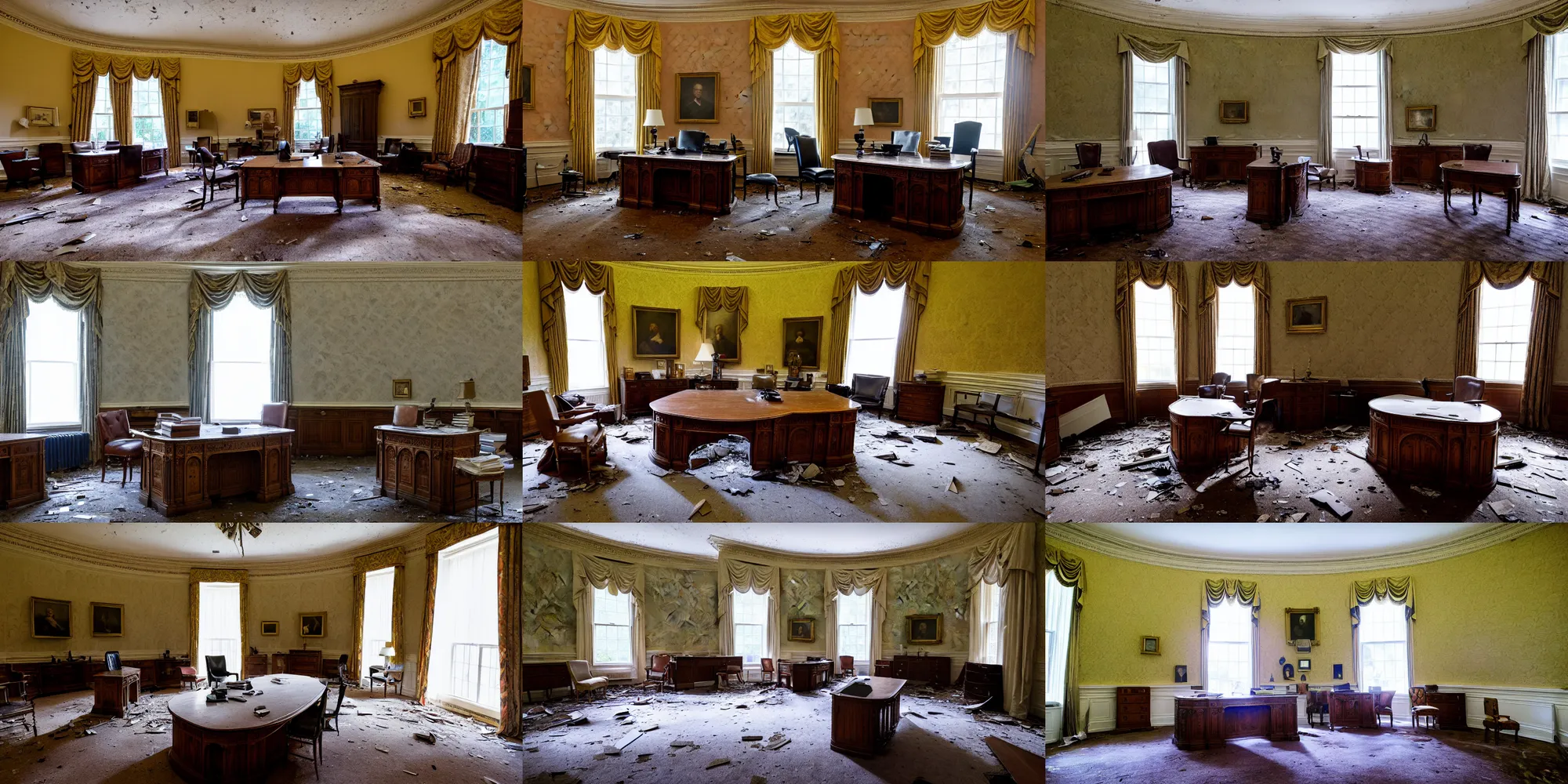 Prompt: photo of the abandoned Oval Office at the White House, by annie leibovitz, urban exploring, 4K, broken table, torn curtains and wallpaper, high quality, chipped walls, decay and abandoned