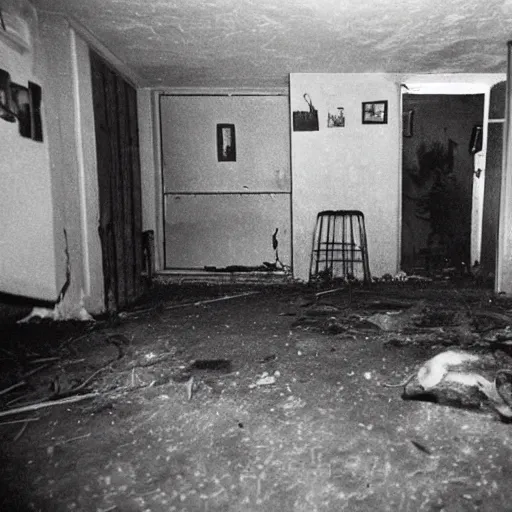 Prompt: in the basement of this 1 9 6 0 s bungalow, heavily damaged with age. there is a creature. a strange creature. one of spirit and flesh. and it is hungry. it yet lurks in shadow.