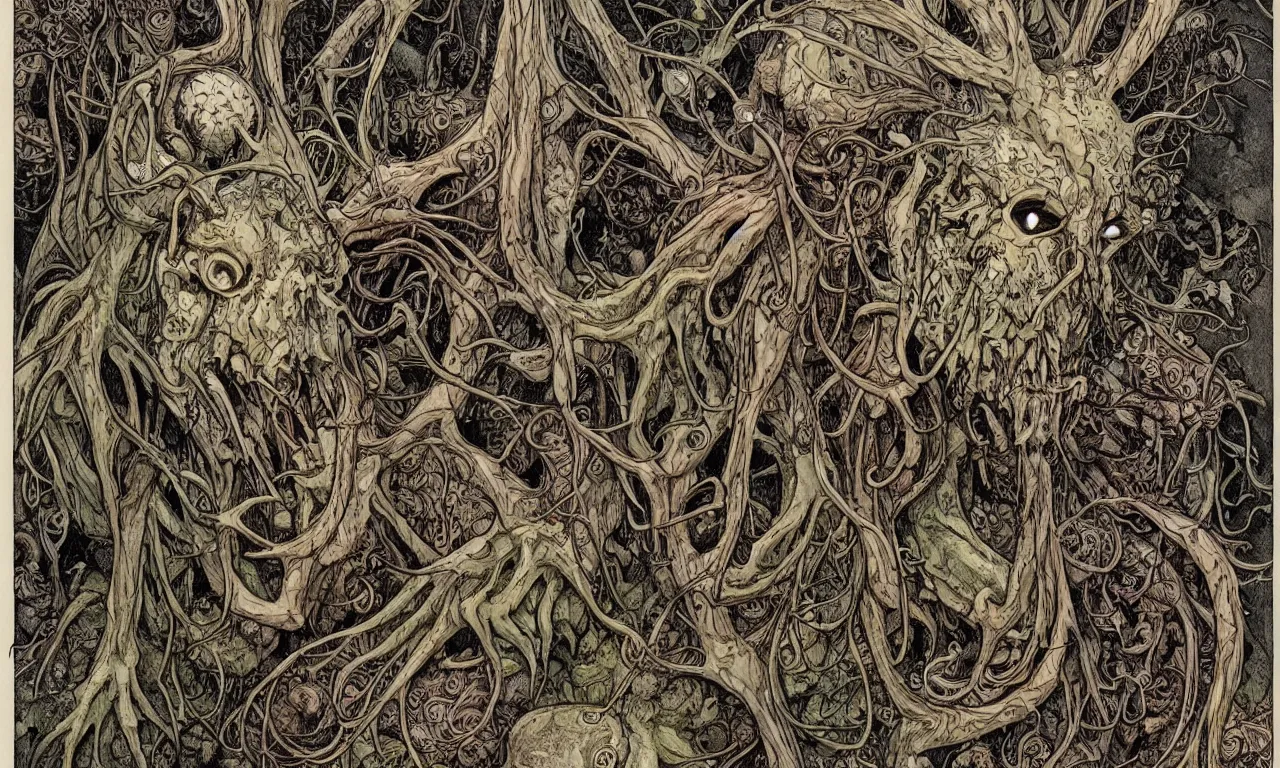 Image similar to hyperdetailed art nouveau portrait of treebeard as a cthulhu eyeball moose skull wendigo cryptid monster, by geof darrow, simon bisley and bill sienkiewicz, grim yet sparkling atmosphere, photorealism, claws, skeleton, antlers, fangs, forest, wild, crazy, horror, lynn varley, lovern kindzierski, steve oliff