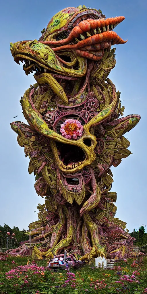 Image similar to colossal grotesque prehistoric psyhedelic alien predator flower made from best unfulfilled mankind projects in the middle of abandoned post soviet constructivist cityscape, Stalinist architecture, ultradetailed, Intricate by Hayao Miyazaki and Josan Gonzalez and Makoto Shinkai and Giuseppe Arcimboldo and Wes Anderson