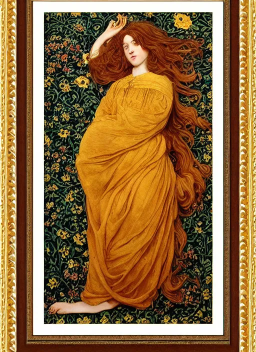 Image similar to preraphaelite full body reclining portrait photography masterpiece, perfectly poised, brown hair fringe, yellow ochre ornate medieval dress, william morris and kilian eng, framed, 4 k