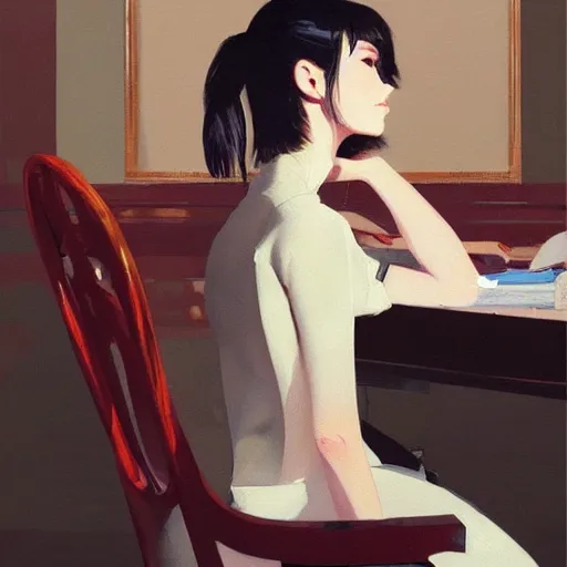 Image similar to oil painting by ilya kuvshinov, conrad roset, coby whitmore, of a youthful japanese beauty sitting on antique chair leaning against a desk, sideview, victorian room