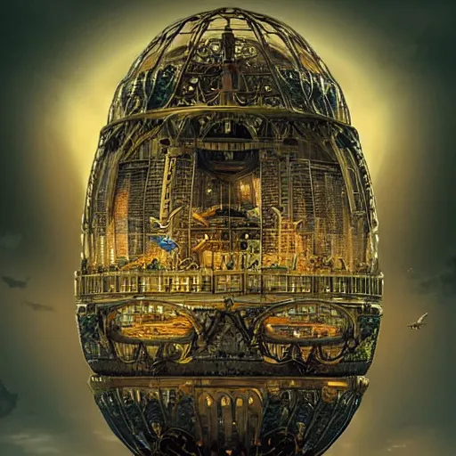 Image similar to enormous flying city in a faberge egg, sky, steampunk, fantasy art, unreal engine, intricate, intricate, intricate, intricate