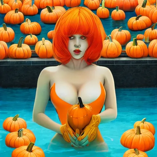 Image similar to Goddess young girl with big bust wearing orange latex dress and yelliw gloves in a swimming pool full of pumpkins by Ilya Kuvshinov