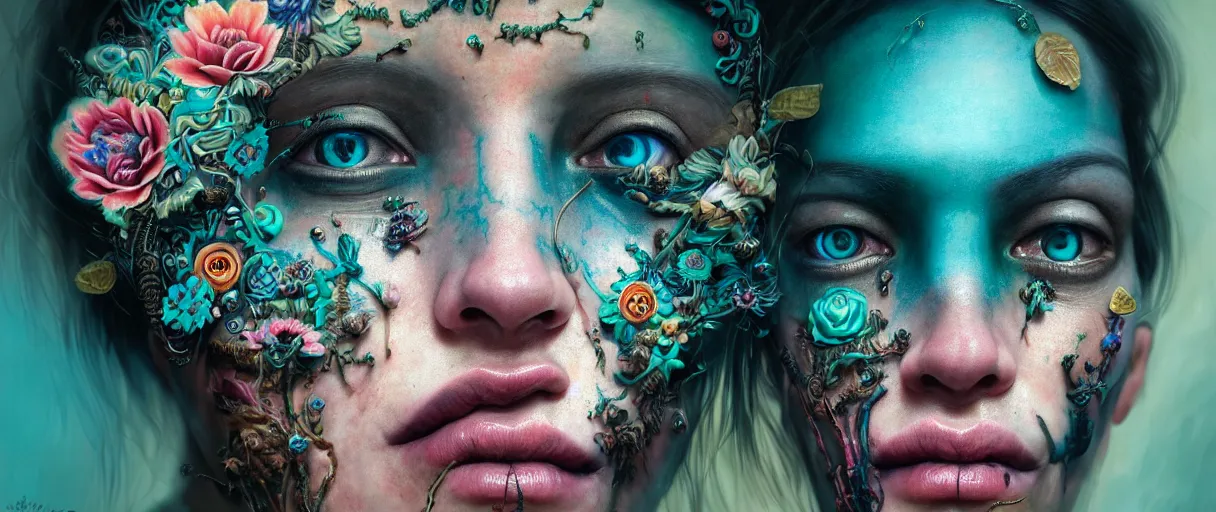 Image similar to hyperrealistic hyper detailed neo-surreal close-up 35mm side portrait of cyborg covered in rococo flower tattoos matte painting concept art hannah yata very dramatic dark teal lighting low angle hd 8k sharp shallow depth of field