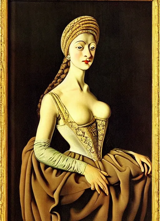 Image similar to portrait of young woman in renaissance dress and renaissance headdress, art by salvador dali