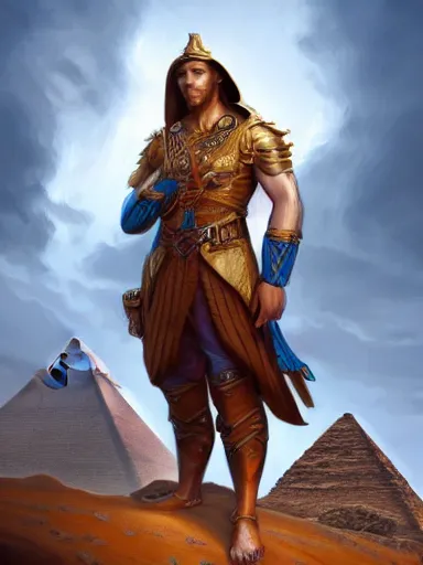 Prompt: a handsome man, leaning on his staff, near the great pyramids. intricate, elegant, highly detailed, digital painting, artstation, concept art, sharp focus, illustration, by justin gerard and artgerm, 8 k