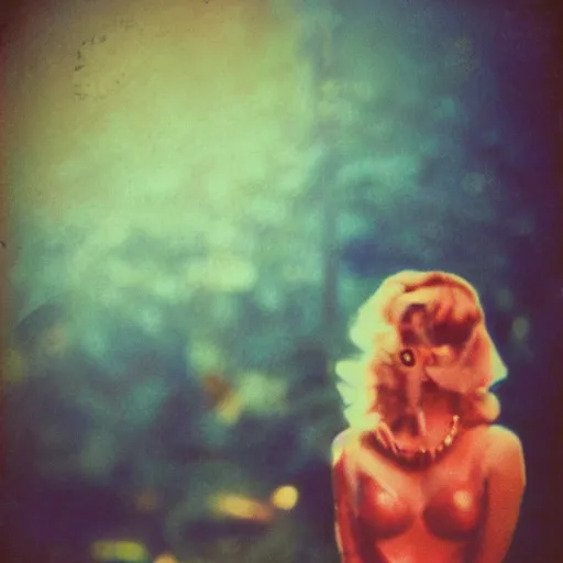 Prompt: a polaroid portrait of barbarella, vintage movie poster, bokeh, lit from behind, heavy film grain, color bleed