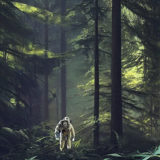 Image similar to american astronaut in the forest, plants environment, wide angle, cinematic lighting, atmospheric, realistic, octane render, highly detailed, in the style of craig mullins