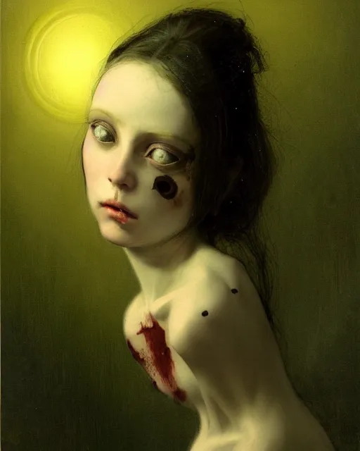 Image similar to a beautiful and eerie baroque painting of a beautiful but creepy girl in layers of fear, with haunted eyes and dark hair piled on her head, 1 9 7 0 s, seventies, wallpaper, a little blood, morning light showing injuries, delicate embellishments, painterly, offset printing technique, by brom, moebius, robert henri, walter popp