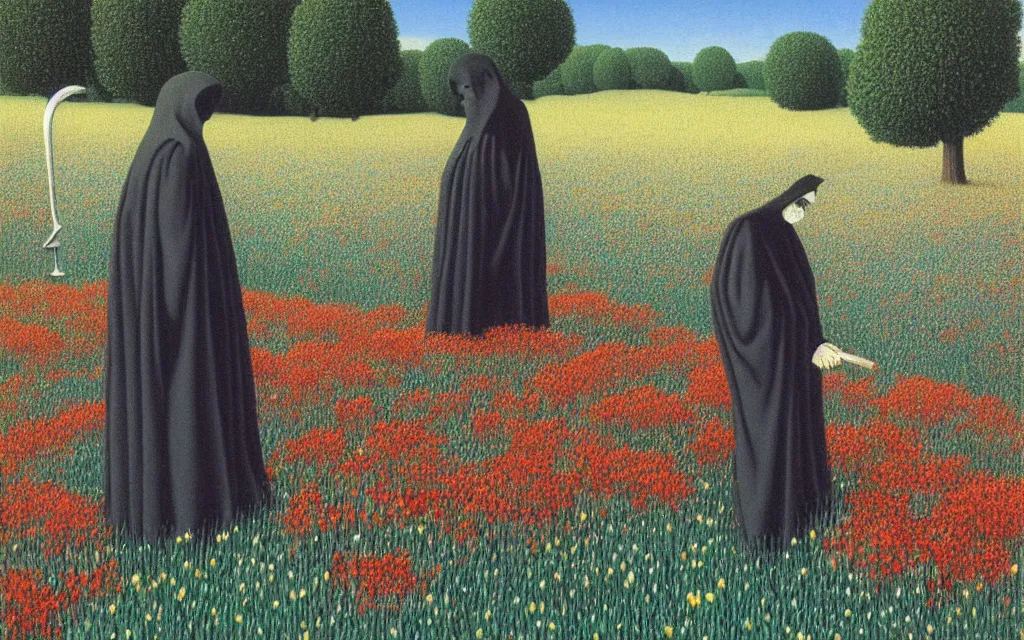 Prompt: grim reaper with no face, holding justice scale, looking at you in distance in beautiful meadow of flowers, detailed painting by rene magritte