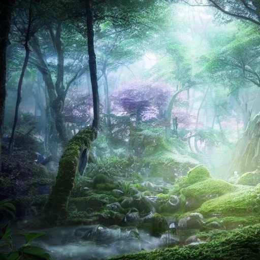 Image similar to full body pose, hyperrealistic photograph of the magical fairy forest, dim volumetric lighting, 8 k, octane beautifully detailed render, extremely hyper detailed, intricate, epic composition, cinematic lighting, masterpiece, trending on artstation, very very detailed, stunning, hdr, smooth, sharp focus, high resolution, award, winning photo, dslr, 5 0 mm