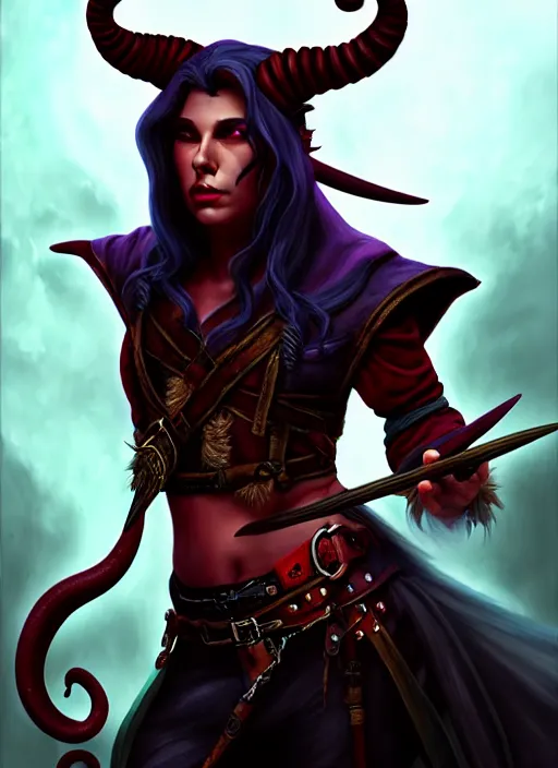 Image similar to tiefling bard, full body, hyper realistic, extremely detailed, dnd character art portrait, dark fantasy art, intricate fantasy painting, dramatic lighting, vivid colors, deviantart, artstation.