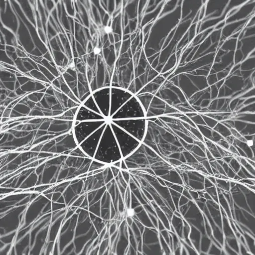 Prompt: Electron photo focused on a plump neuron connected by synapses to a large network of neurons in the background