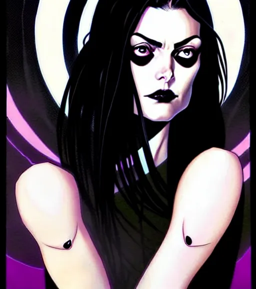 Prompt: artgerm, joshua middleton comic cover art, pretty friendly phoebe tonkin eye of horus painted under one of her eyes, as death sandman comic death appears as a young, attractive, slim, she has very pale skin, dark eyes, long black hair, she prefers to dress casually and she wears black clothing