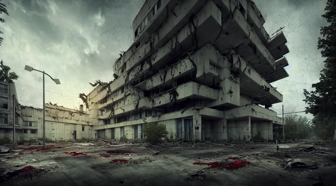 Prompt: post apocalyptic hospital building, morning, building, avenue, modern contemporary urban americana concrete architecture, by pascal blanche, neil blevins, apocalyptic color palette, trending on artstation, photorealistic, wilderness ambiance, ultra detailed, high definition, depth of field, bokeh, rubble, wild vegetation, blood stains, building crumbling, human silhouettes