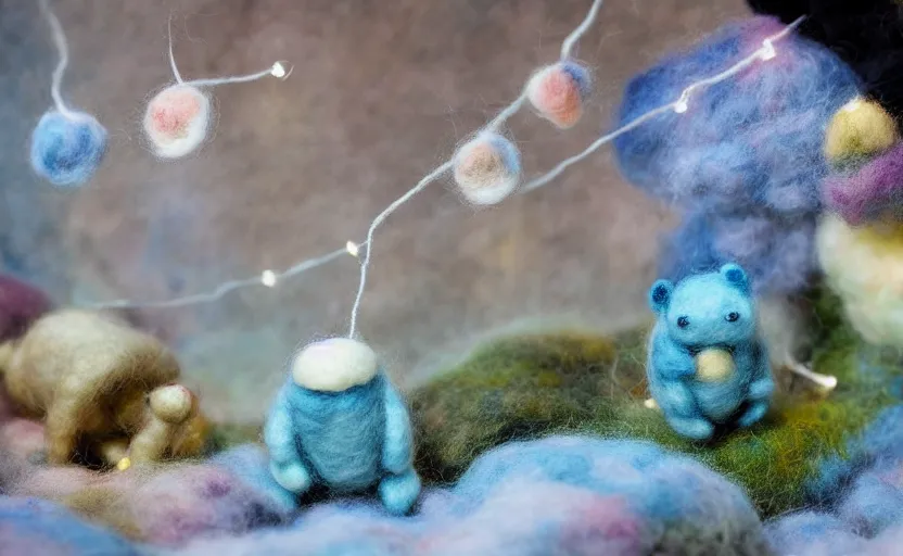 Image similar to tardigrade mini cafe diorama macro photography, needle felted tardigrades, ambient, atmospheric photograph, string lights, romantic