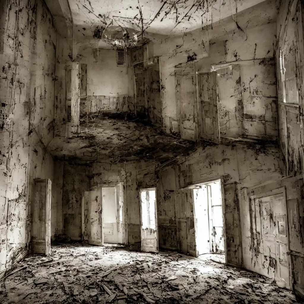 Prompt: exploring the inside of a haunted asylum, creepy, shadows, webs