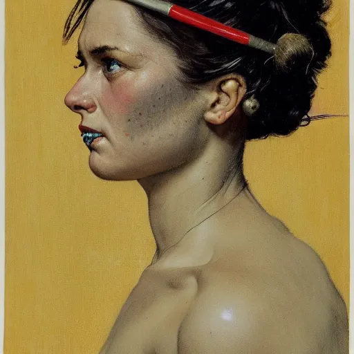 Image similar to frontal portrait of a savage barbarian female, by norman rockwell