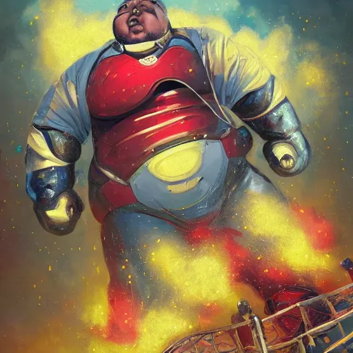 Image similar to portrait of morbidly obese Ironman struggling to fly, colorful metal, bright metal, silver metal, flowers, brushwork, Golden embers flying,vivid color.digital 2D, painterly style, cinematic matte Illustration,trending on pixiv and artstation.Fantastic depth-of-field effect in Bacnground,by Wlop,Mika Pikazo，Yoneyama Mai，Makoto Shinkai, VOFAN