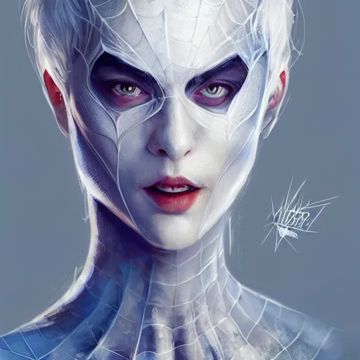 Image similar to full body portrait of white haired girl in spider man suit, super hero, webs, highly detailed, very beautiful face, very detailed eyes, digital art, artstation, concept art, smooth, sharp focus, greg rutkowski, wlop