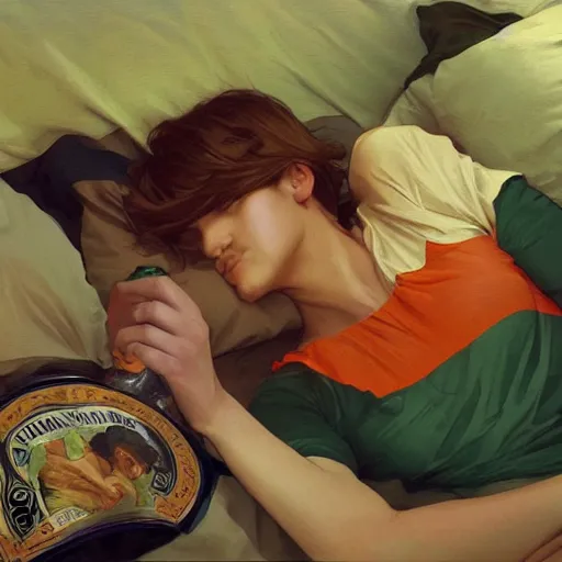 Image similar to young man in orange shirt and a girl in green shirt sleeping in bed close to guinness bottles highly detailed, digital painting, artstation, concept art, smooth, sharp focus, illustration, art by artgerm and greg rutkowski and alphonse mucha