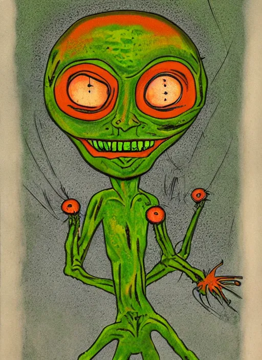 Image similar to a crazy alien art horror portrait, which has weird stretched out eyes and a misshapen mouth, green skin and orange background, art brut by a psycho man, full color crazy outsider outsider art