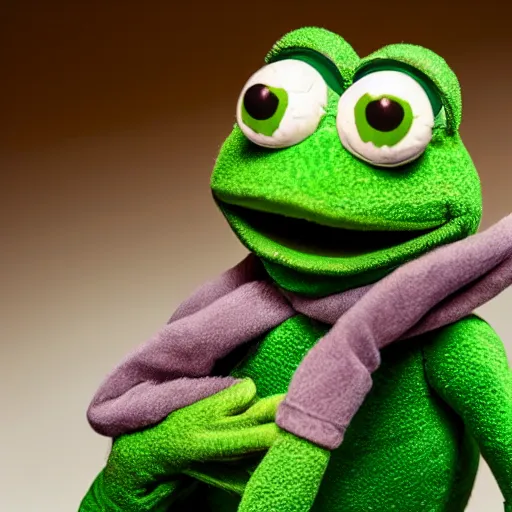 Image similar to pepe the frog as a muppet, product photography, commercial lighting