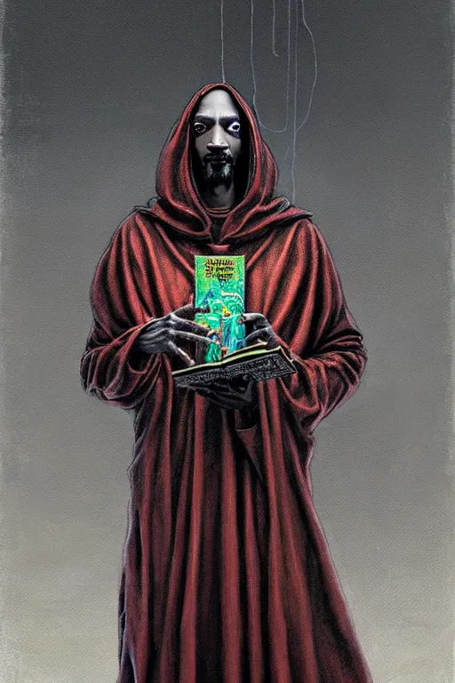 Image similar to painting of snoop dog as a cloaked tech priest holding a book, adeptus mechanicus!, cybernetic enhancements attached to his body, praise the omnissaiah, zdzislaw beksinski, lewis jones, mattias adolfsson, warhammer 4 0 k!!, cold hue's, warm tone gradient background, concept art, digital painting