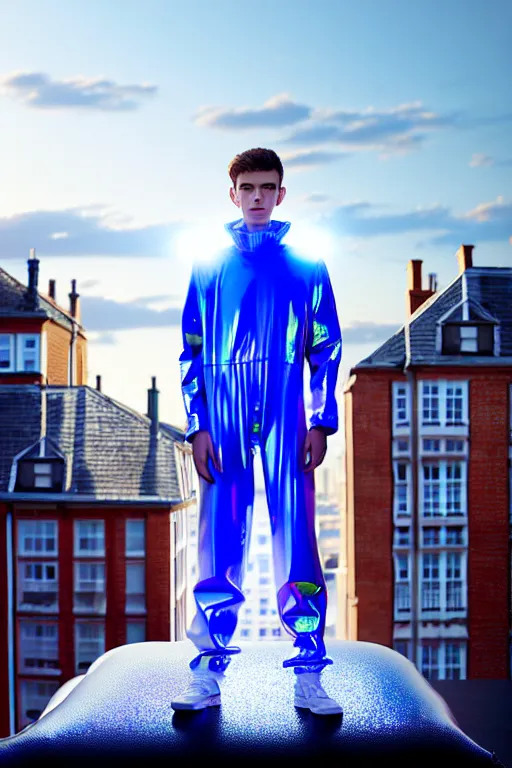 Image similar to un ultra high definition studio quality photographic art portrait of a young man standing on the rooftop of a british apartment building wearing soft baggy inflatable padded silver iridescent pearlescent clothing. three point light. extremely detailed. golden ratio, ray tracing, volumetric light, shallow depth of field. set dressed.