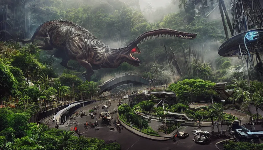 Prompt: Cinematic view of futuristic Jurassic Park in San Diego, hyperdetailed, artstation, cgsociety, 8k