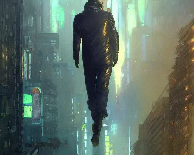 Prompt: 2 0 1 8 blade runner movie young man young clint eastwood in his youth look at the cityscape from roof perfect face fine realistic face pretty face reflective polymer suit tight neon puffy jacket blue futuristic sci - fi elegant by denis villeneuve tom anders zorn hans dragan bibin thoma greg rutkowski ismail inceoglu illustrated sand storm alphonse mucha