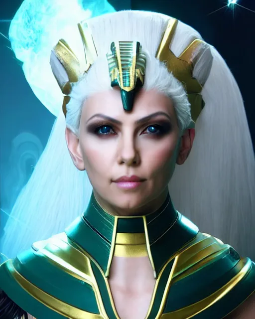 Image similar to perfect white haired attractive egyptian goddess, warframe armor, pharaoh headdress, beautiful, symmetric, dreamy, half asian, pretty face, green eyes, charlize theron, detailed, scifi platform, laboratory, experiment, 4 k, ultra realistic, epic lighting, android body, illuminated, cinematic, masterpiece, art by akihito tsukushi, voidstar