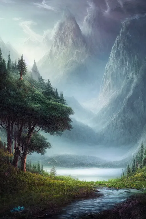Image similar to beautiful matte painting style dark academia, whimsical art fantasy path mountains and meadow in the background near a lake reflecting the trees, atmospheric lighting, painted, intricate, volumetric lighting, beautiful, rich deep colors masterpiece, sharp focus, ultra detailed by