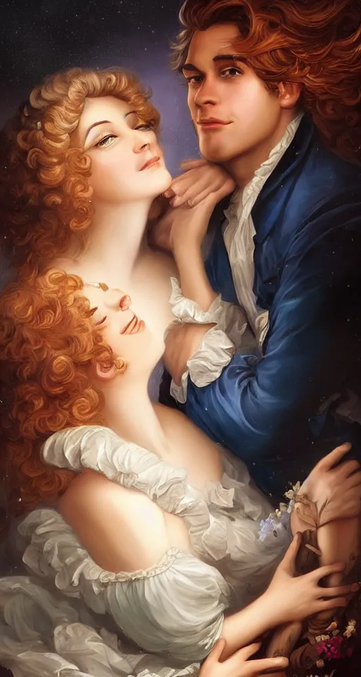 Prompt: A vintage rococo painting Charlie Bowater and Gabrielle Ragusi by Salvador Dalle Lisa Frank :: He always knew she was the one :: dapper man handsome with beautiful hair and brown eyes, a smile to take your breath away. Cute and mine from the first meeting until the end of time :: hd