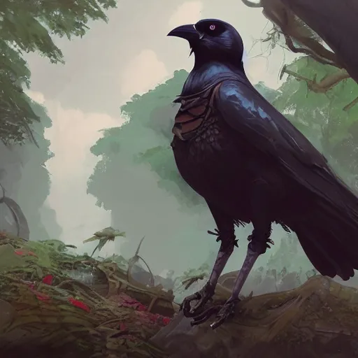 Image similar to concept art painting of a person with a head of a crow, with steampunk clothes, in the deep forest, realistic, detailed, cel shaded, in the style of makoto shinkai and greg rutkowski and james gurney