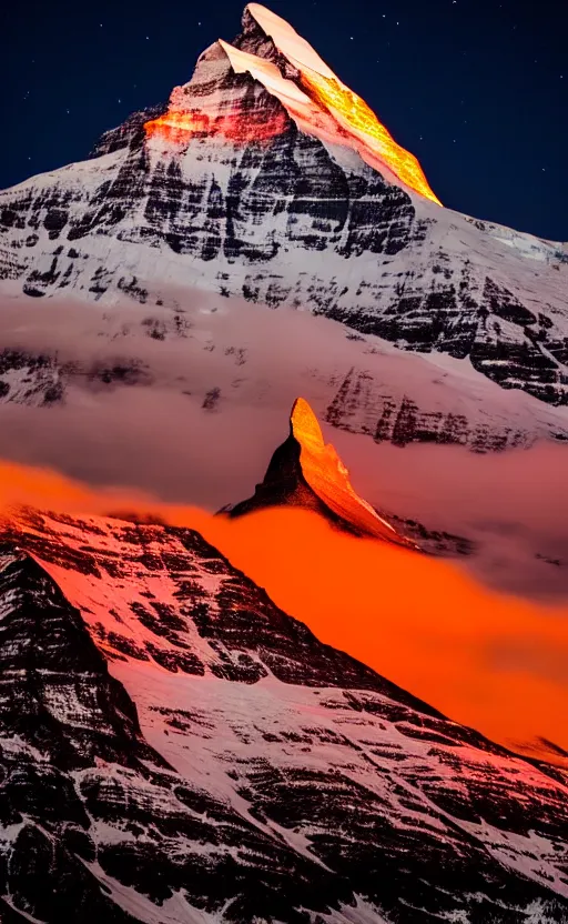 Image similar to a photo at nighttime of a powerful llumination of the matterhorn in the colors of indian flag, orange top, white middle, green base. projected illuminated on the matterhorn mountain at night