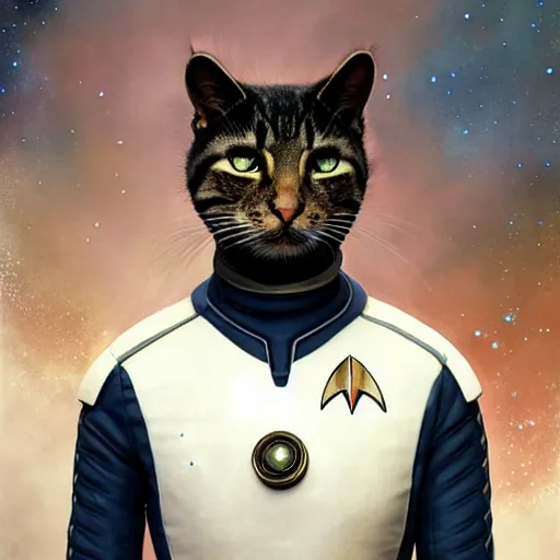 Prompt: UHD Photorealistic Feline-human hybrid Starfleet Officer wearing a spacesuit with hyperrealistic, correct details, cosmic dynamic lighting, symmetrical face, accurate face, by Greg Rutkowski