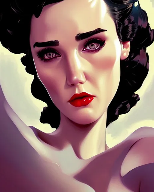 Image similar to a pin up and beautiful fashion charming dreamlke jennifer connelly, symmetrical face, symmetrical eyes, character art, art by artgerm lau and wlop and and ilya kuvshinov and john singer sargent, joshua middleton comic art