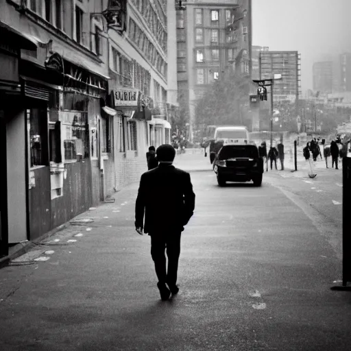 Prompt: film still, man walking in crowded street, realistic, black and white, detailed, shot on camera