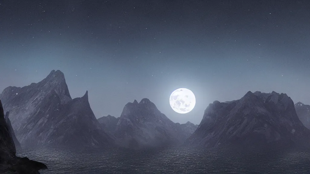 Prompt: a night view of the full moon above fjords, dark, very dark, blue, almost black, dark, dark, dark, dark, moon on the right, moon on the right, moon located on the right, the moon is on the right side, matte painting, concept art, 4 k