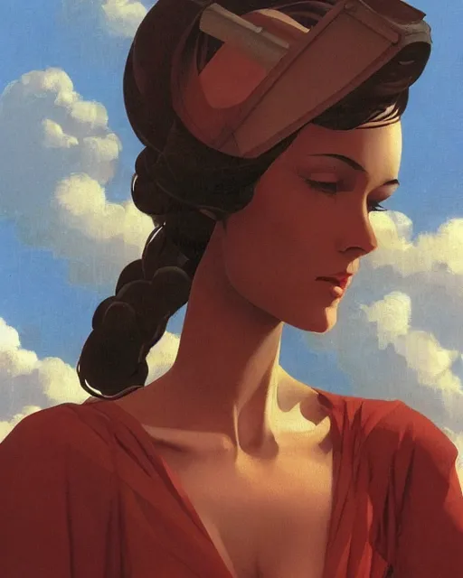 Image similar to woman portrait, female figure in maxi dress, sky, thunder clouds modernism, low poly, low poly, low poly, industrial, soviet painting, social realism, barocco, Frank Frazetta, Dean Ellis, Detmold Charles Maurice, 1993 anime,