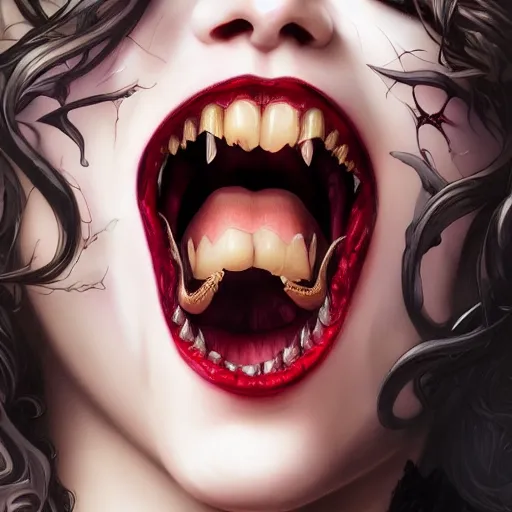 Prompt: goth girl opening her mouth full of sharp bloodstained teeth, intricate, art by artgerm and greg rutkowski and alphonse mucha and william - adolphe bouguereau, high detailed, 4 k,