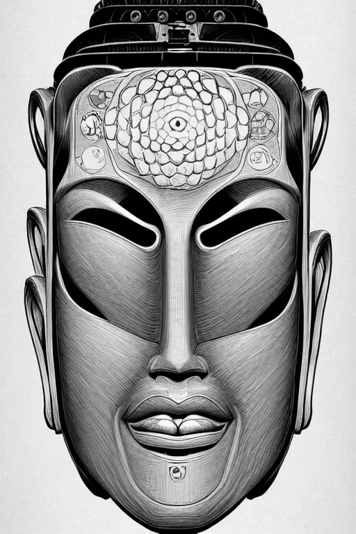 Image similar to a study of cell shaded illustration of a cyborg robot perpetual face buddha inside of a lotus flower , golden ratio, character concept art by character concept art by Shepard Fairey, james jean, Mike Mignola, Laurie Greasley, highly detailed, sharp focus, sharp linework, clean strokes, motherboard, Artstation, deviantart, artgem