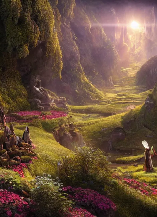 Image similar to an elegant winged fairy in the lord of the rings scenery landscape, looking out at a vast lush valley flowers and homes made of mushrooms, stream, sunrise, god's rays highly detailed, vivid color, cinematic lighting, perfect composition, 8 k, gustave dore, derek zabrocki, greg rutkowski, belsinski, octane render