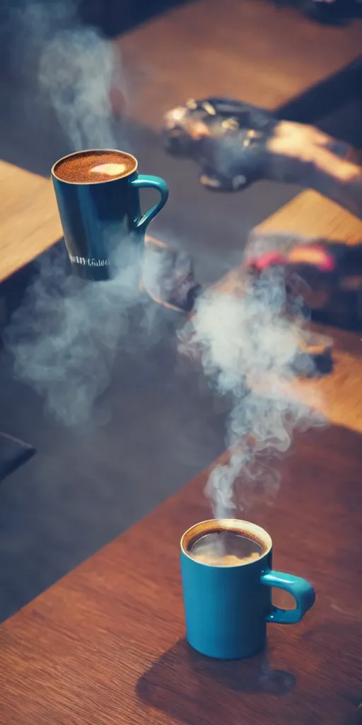 Image similar to stylish mug, filled with steaming hot coffee, standing on a table. cyberpunk style. colorful.